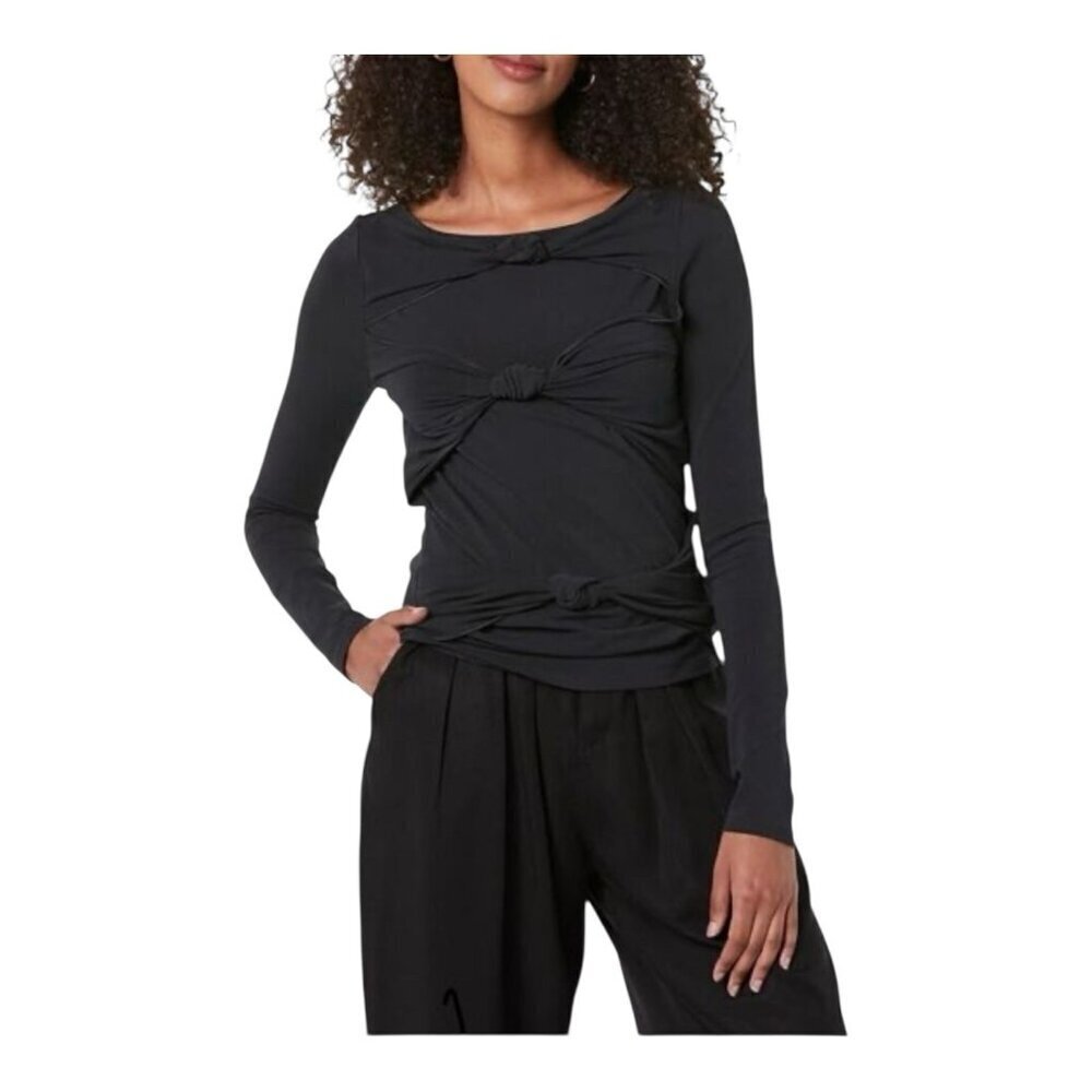 Terea By Andrea Pitter Primrose Knotted Front Top Size Large Black Long Sleeves